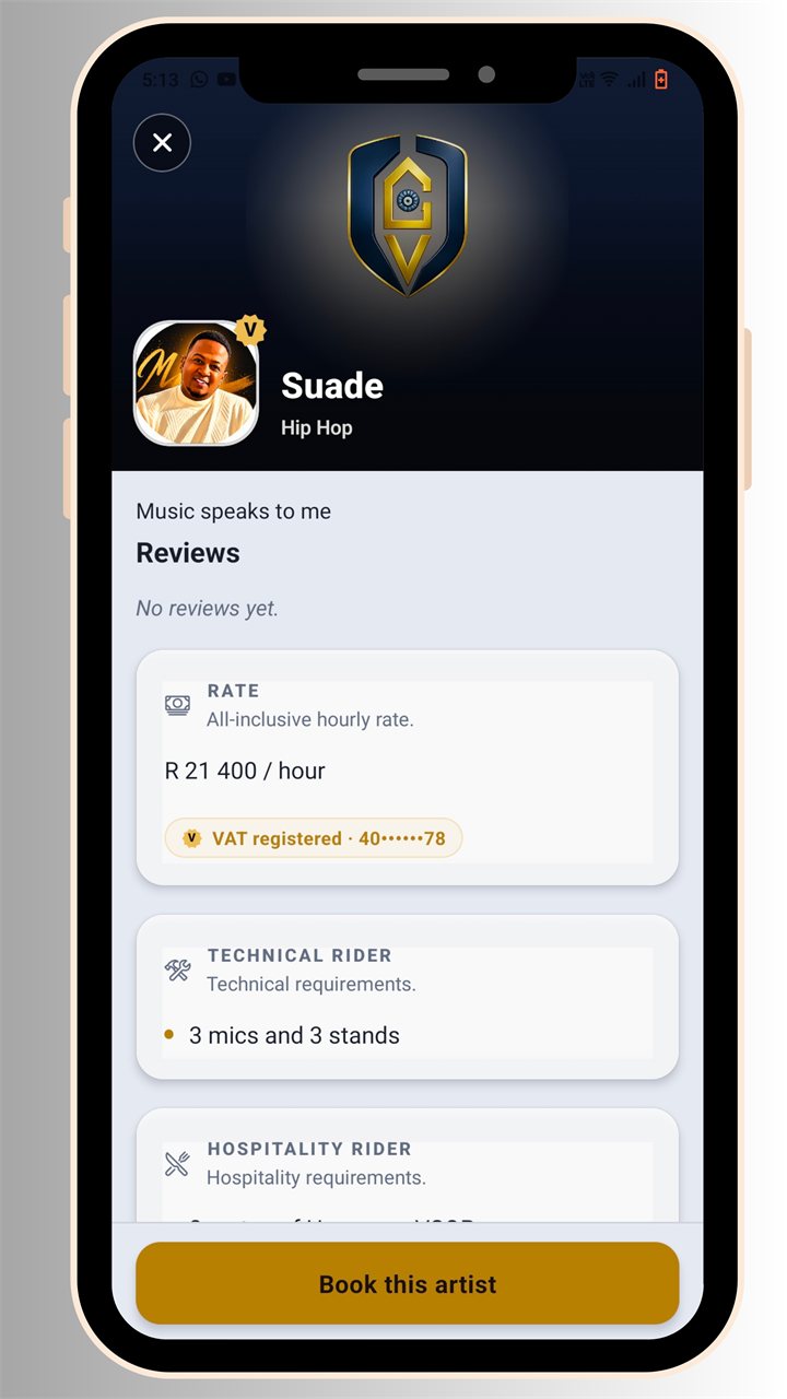 GigVault artist profile with rate, riders and booking button