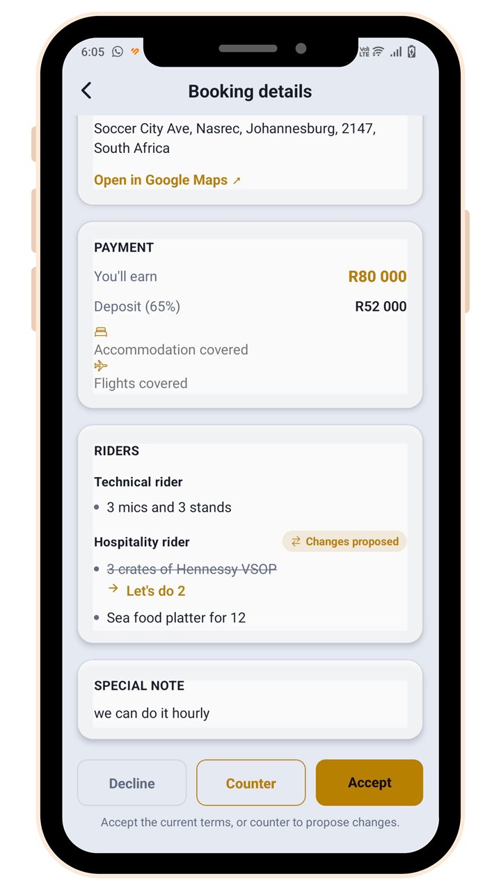Booking details screen with proposed changes and accept, counter or decline options