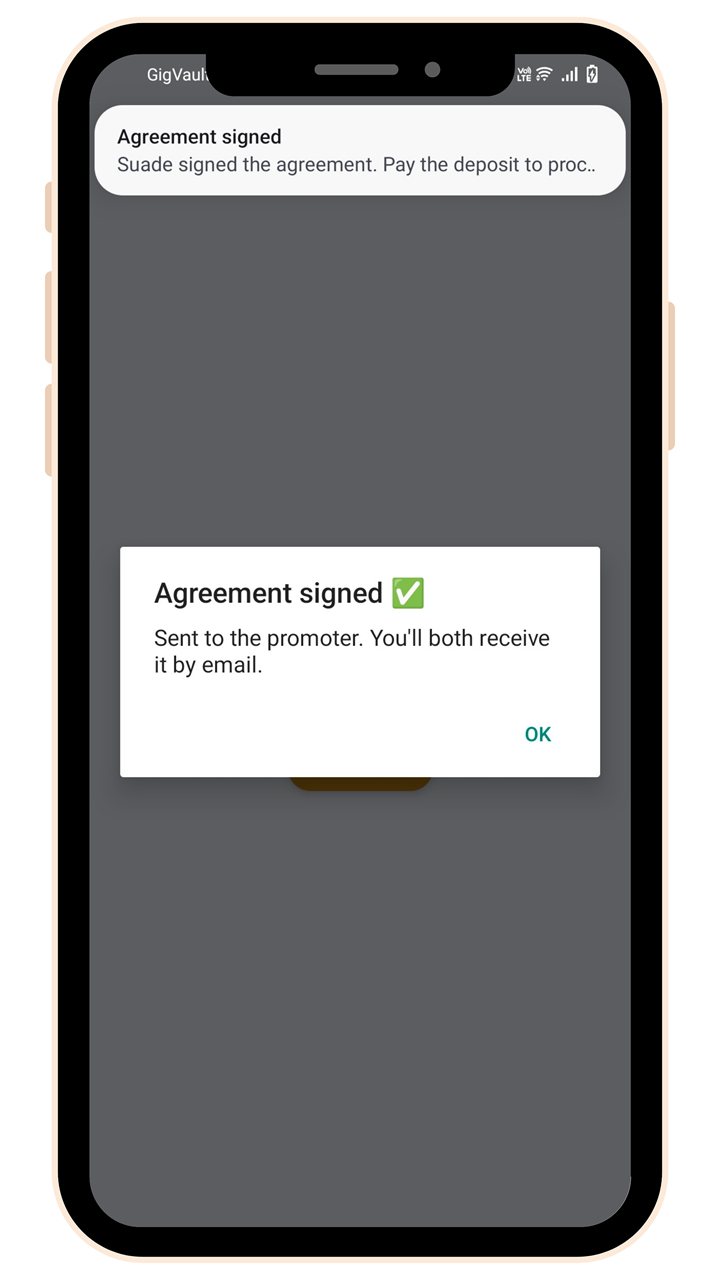 Agreement signed confirmation in the GigVault app