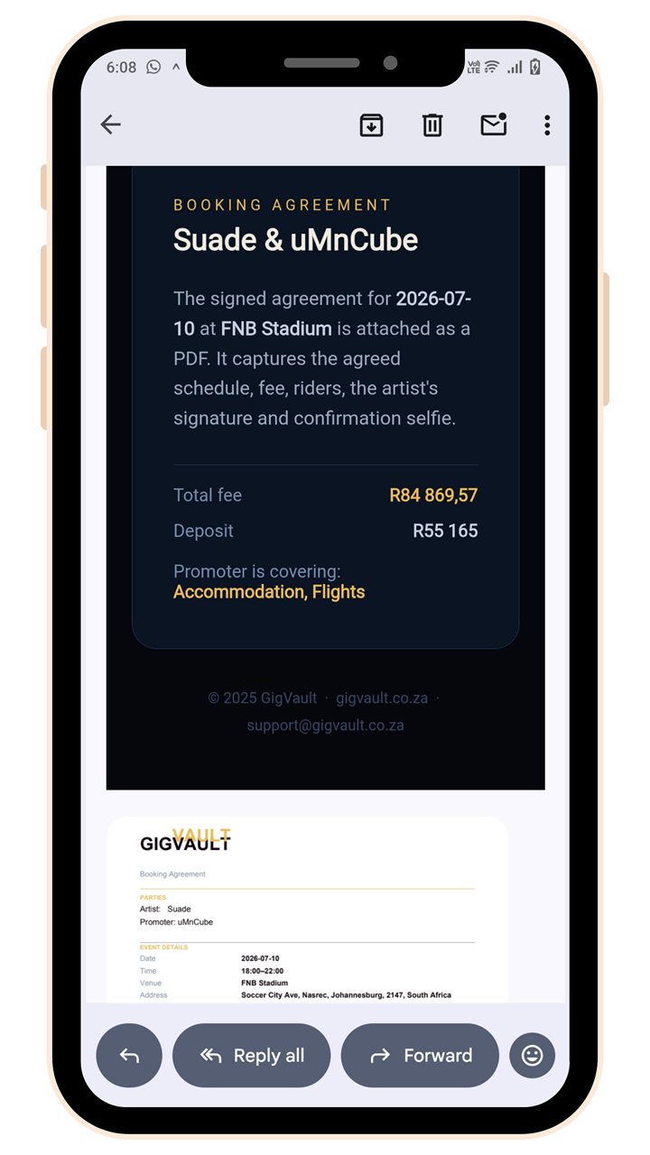Signed booking agreement PDF delivered by email