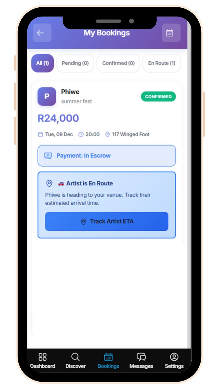 My Bookings screen showing artist en route with ETA tracking