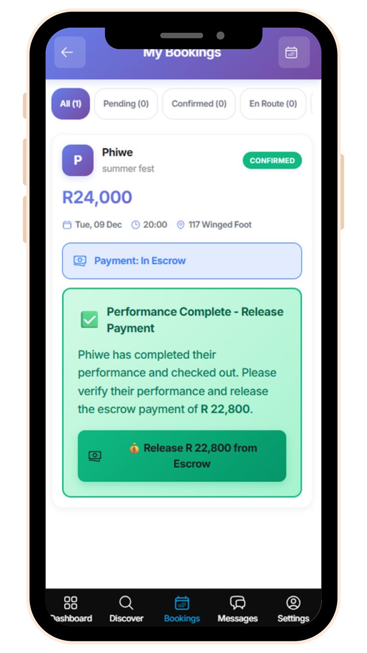 Performance complete screen with release payment from escrow button